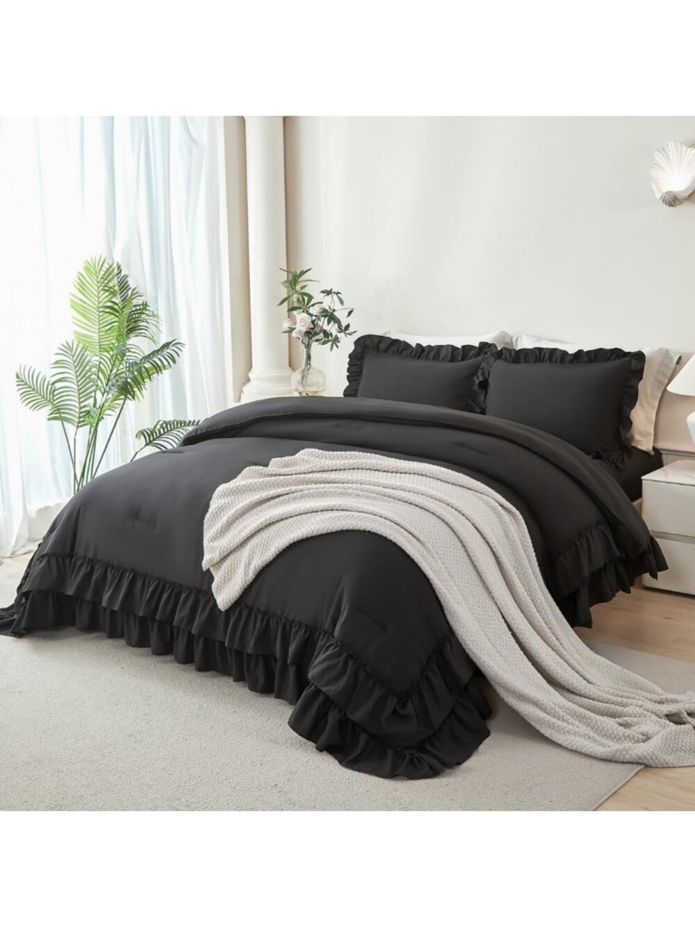 5-Piece Black Ruffled Comforter Set - Soft Lightweight Bedding with Sheets